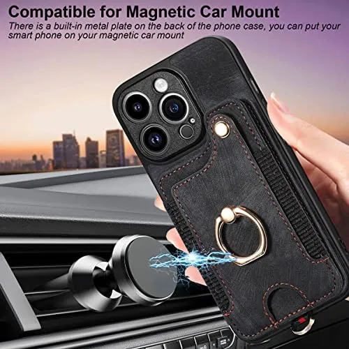 13 Pro Max Phone Case,Card Holder Wallet for iPhone 13 Pro Max Case,Ring Holder Stand,RFID-Blocking,Wrist Strap,Camera Lens Protector,Leather Magnetic Protective Flip Cover for Women Men (Black)