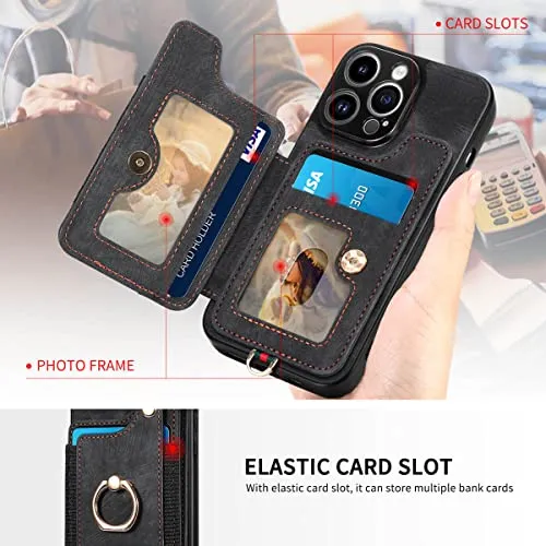 13 Pro Max Phone Case,Card Holder Wallet for iPhone 13 Pro Max Case,Ring Holder Stand,RFID-Blocking,Wrist Strap,Camera Lens Protector,Leather Magnetic Protective Flip Cover for Women Men (Black)