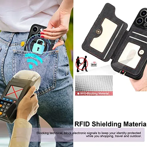 13 Pro Max Phone Case,Card Holder Wallet for iPhone 13 Pro Max Case,Ring Holder Stand,RFID-Blocking,Wrist Strap,Camera Lens Protector,Leather Magnetic Protective Flip Cover for Women Men (Black)