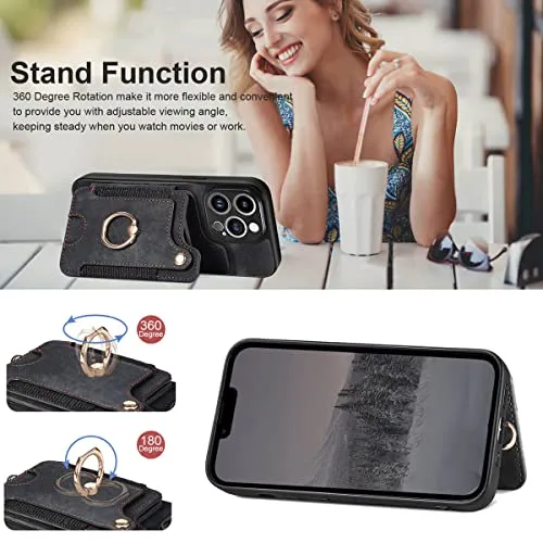 13 Pro Max Phone Case,Card Holder Wallet for iPhone 13 Pro Max Case,Ring Holder Stand,RFID-Blocking,Wrist Strap,Camera Lens Protector,Leather Magnetic Protective Flip Cover for Women Men (Black)