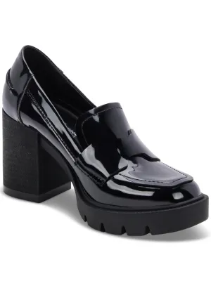 AQUA COLLEGE Womens Black Double Notched Strap Padded Jonnie Square Toe Slip On Heeled Loafers