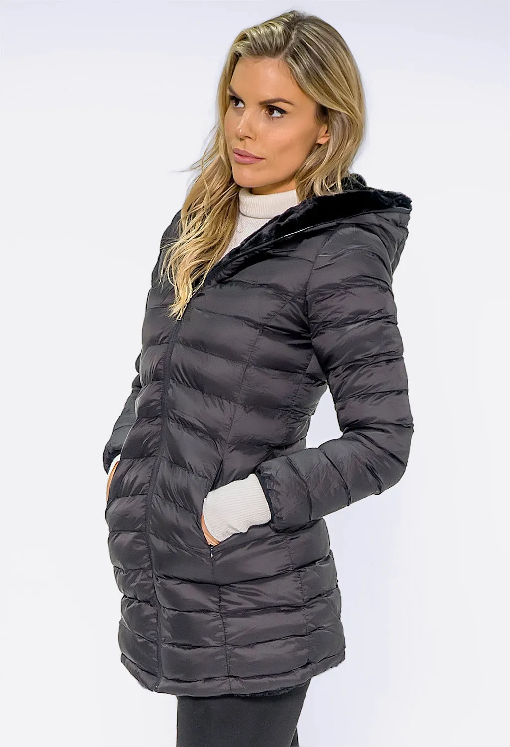 Black Reversible Coat with Faux Fur