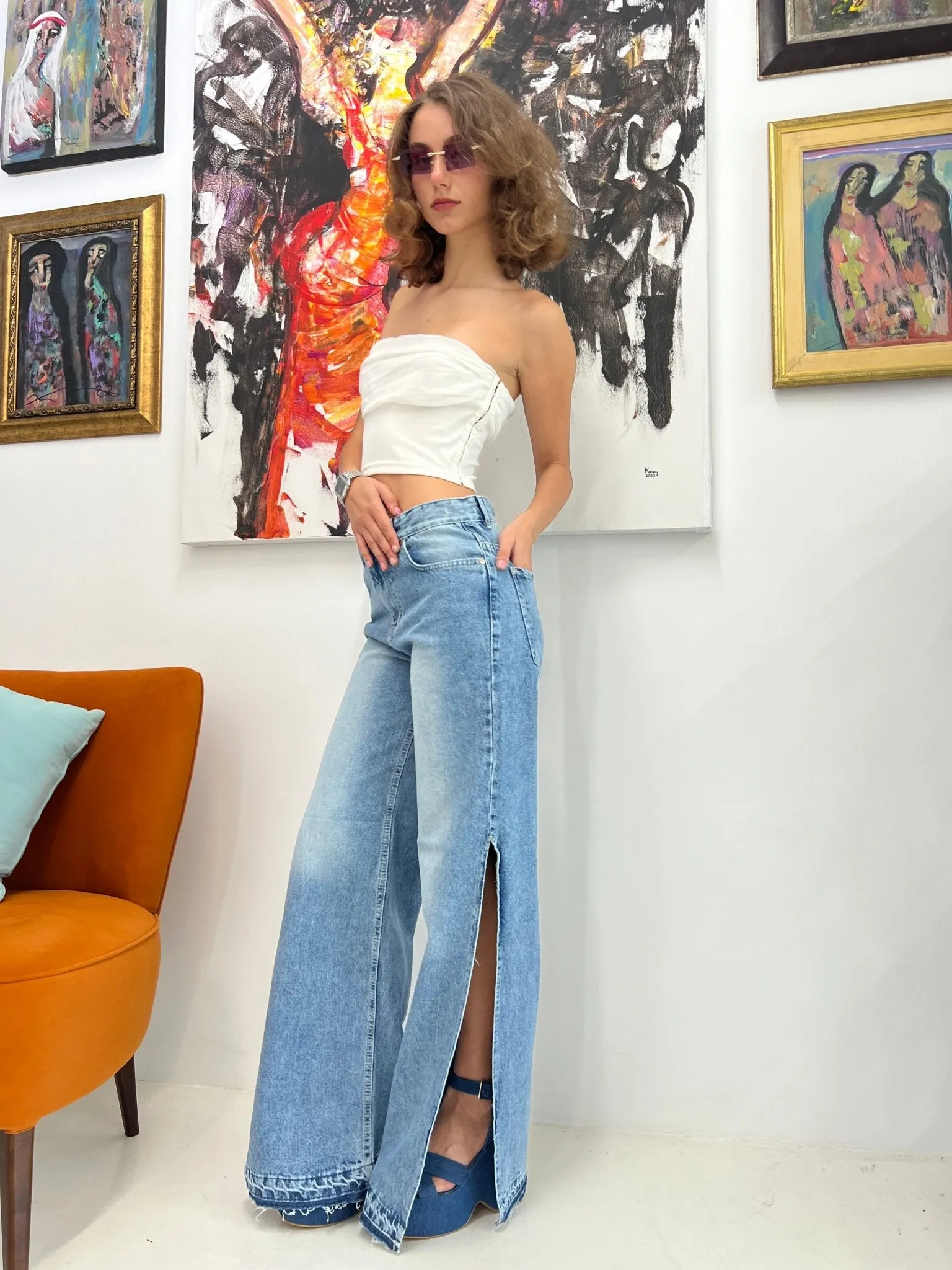 Blue Side Slit Denim Pants