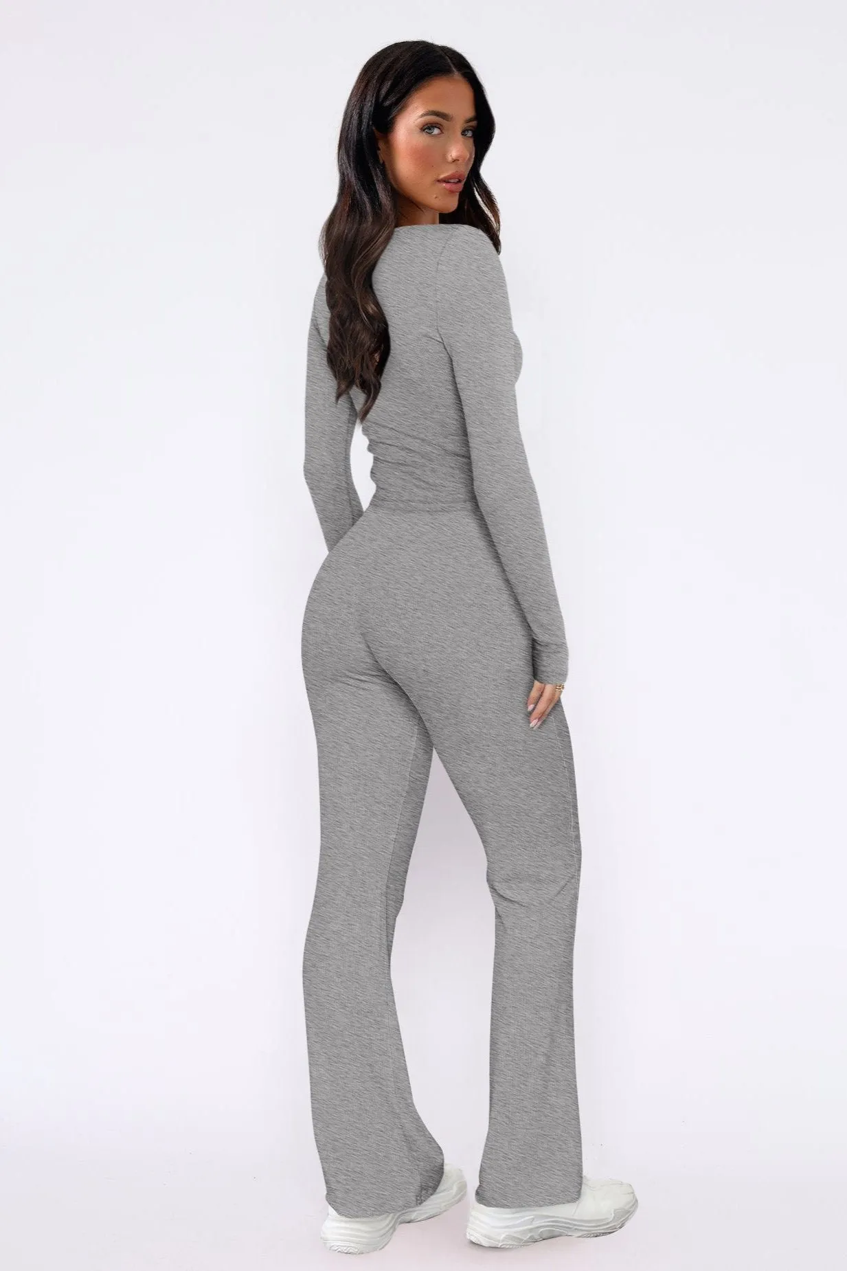 Casual Solid Long Sleeve Top and Flared Pants Set
