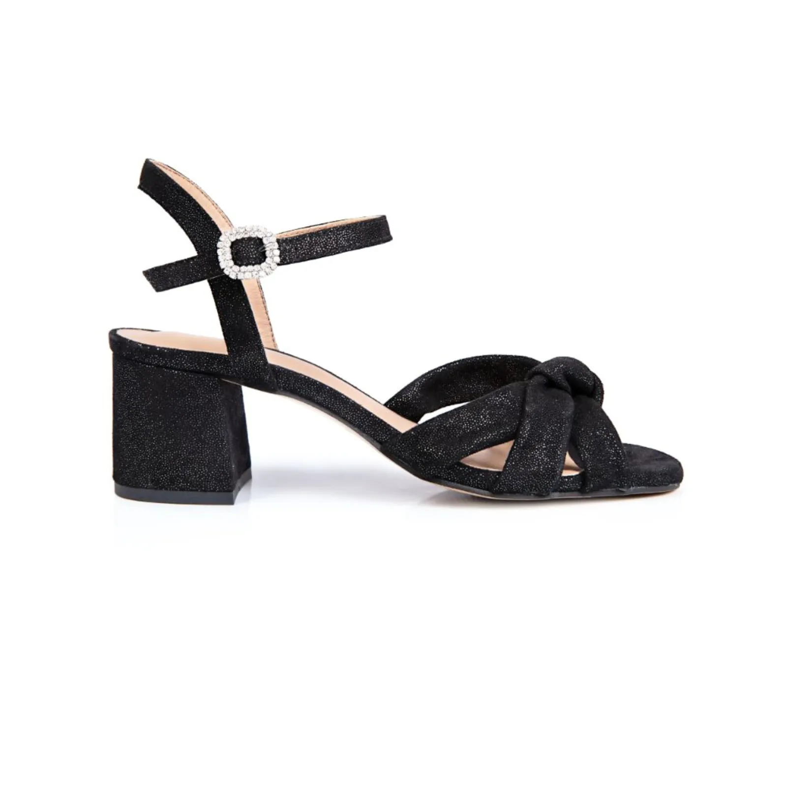 Frankie: Black Shimmer Suede Block Heel Sandals