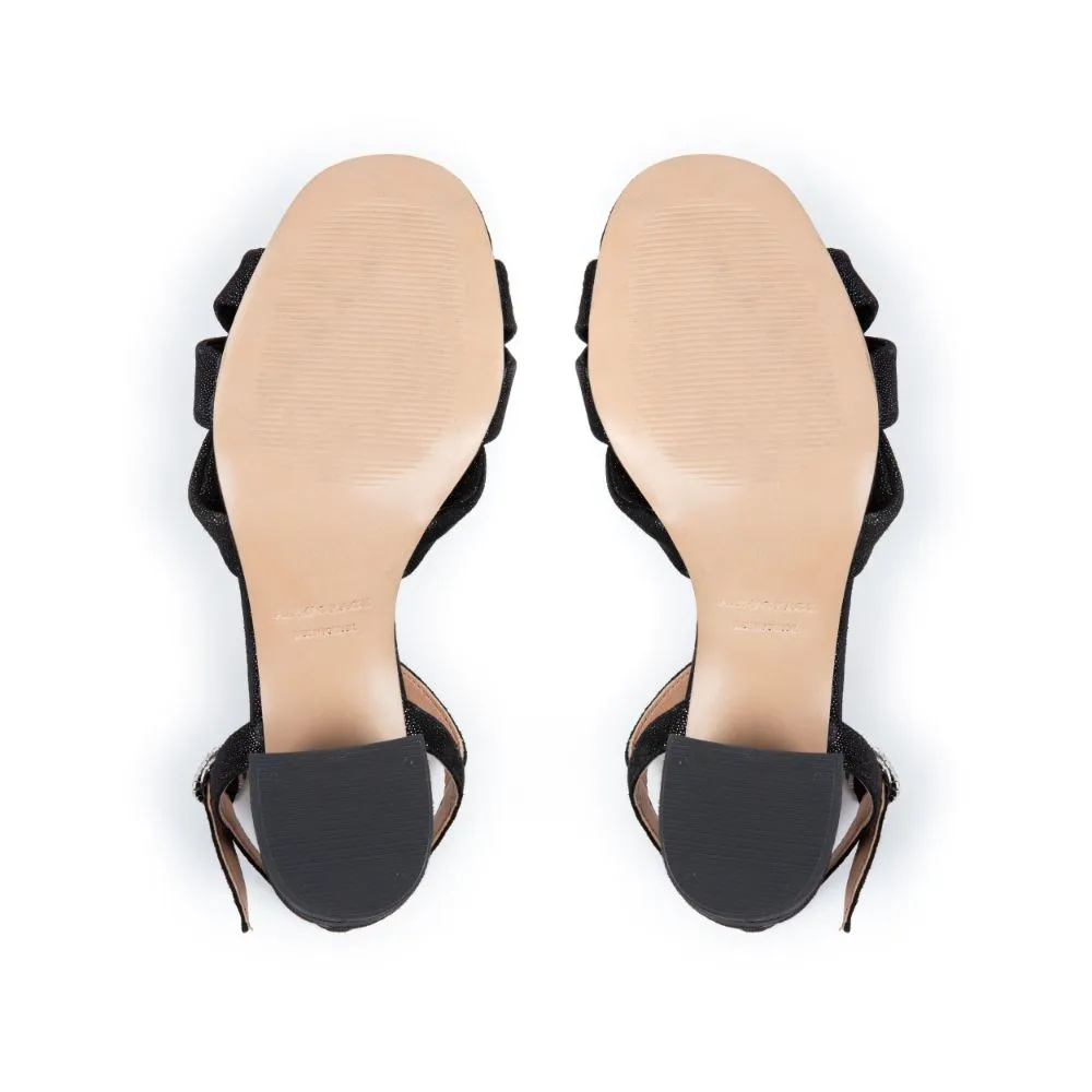 Frankie: Black Shimmer Suede Block Heel Sandals