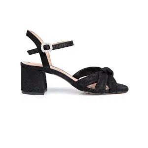 Frankie: Black Shimmer Suede Block Heel Sandals