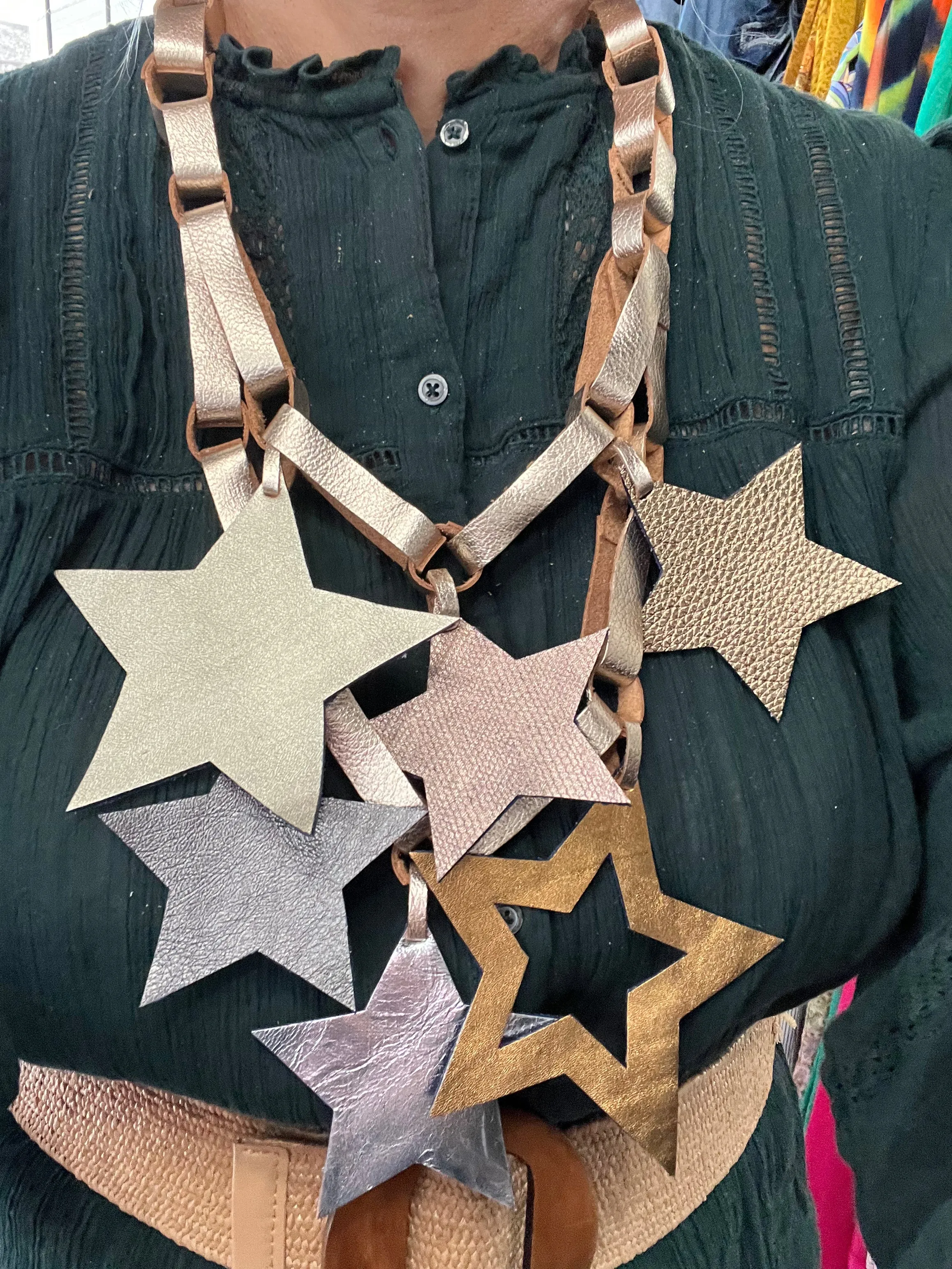 Gold Leather with Gold Stars Necklace by Arlene Diaz 