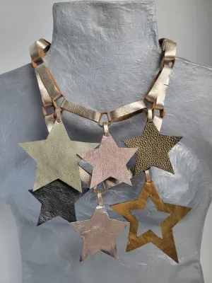 Gold Leather with Gold Stars Necklace by Arlene Diaz 