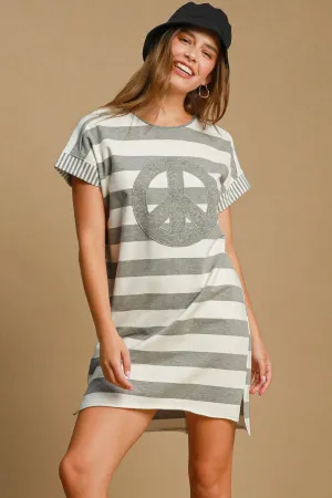 Gray Peace Applique Striped Short Sleeve Mini Dress