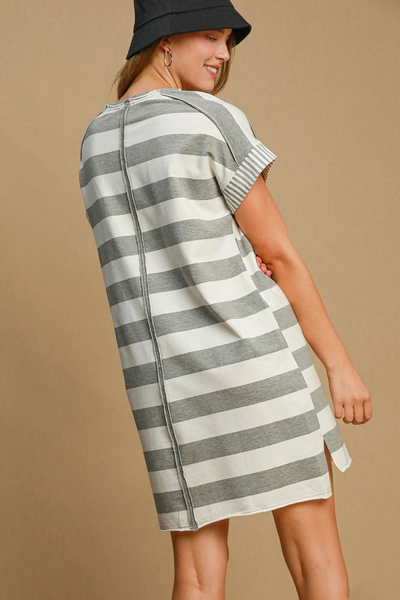 Gray Peace Applique Striped Short Sleeve Mini Dress