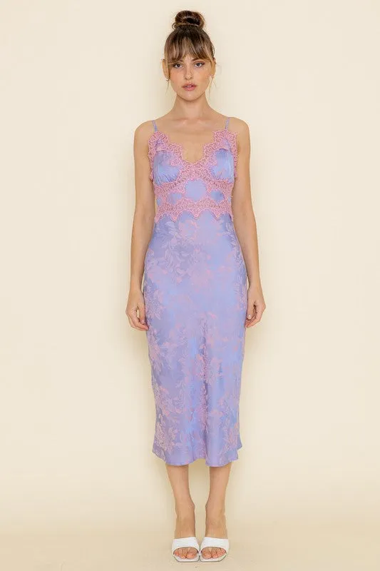 Jenna Lace Trim Jacquard Slip Midi Dress - Periwinkle/Pink