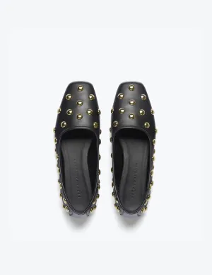 Jessie Ballet Flats - Black Calf with Gold Studs