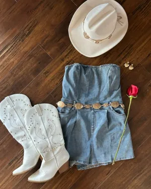 Medium Wash Strapless Denim Romper