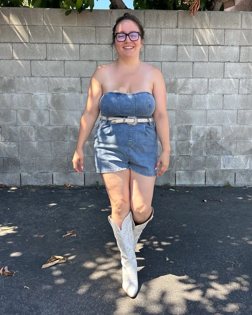Medium Wash Strapless Denim Romper