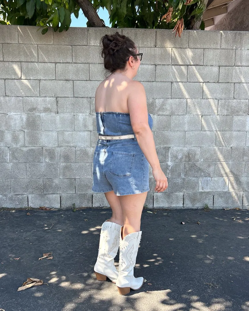 Medium Wash Strapless Denim Romper