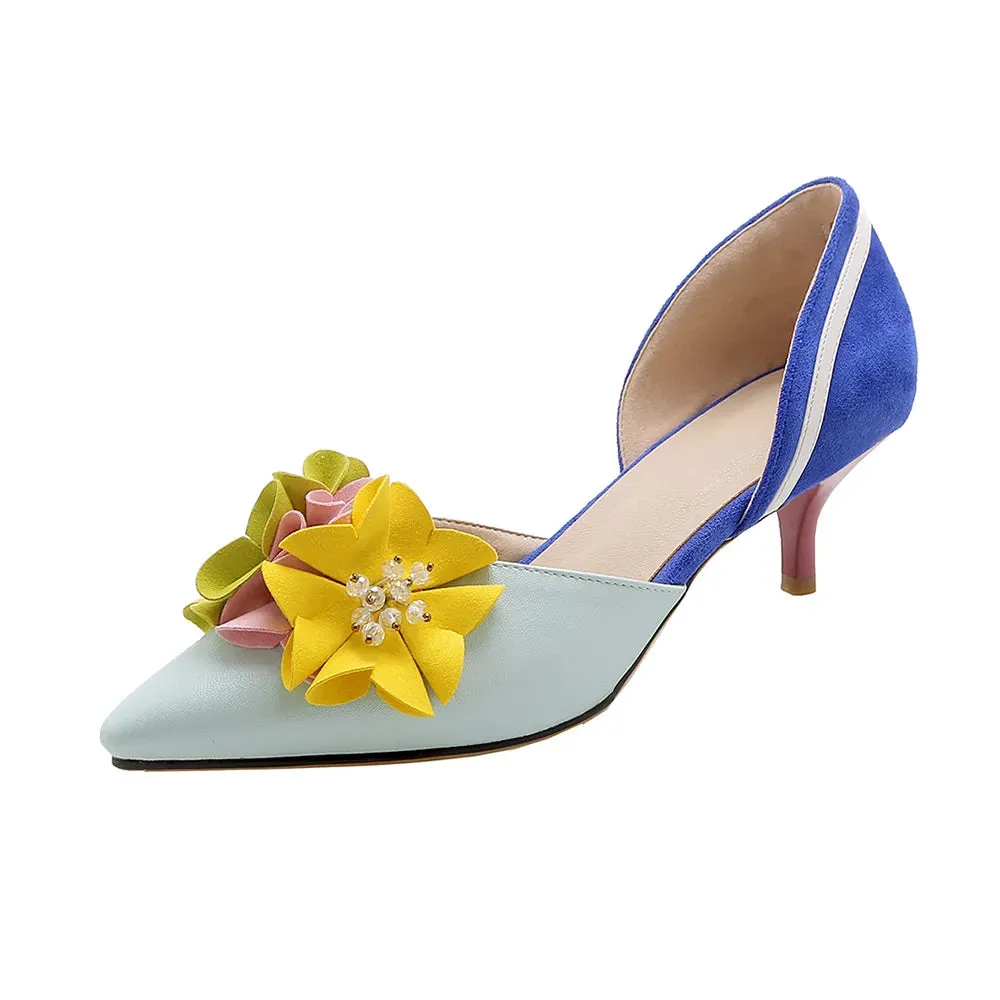 Pointed Toe Flowers Stilettos Lady Mid Heel Shoes