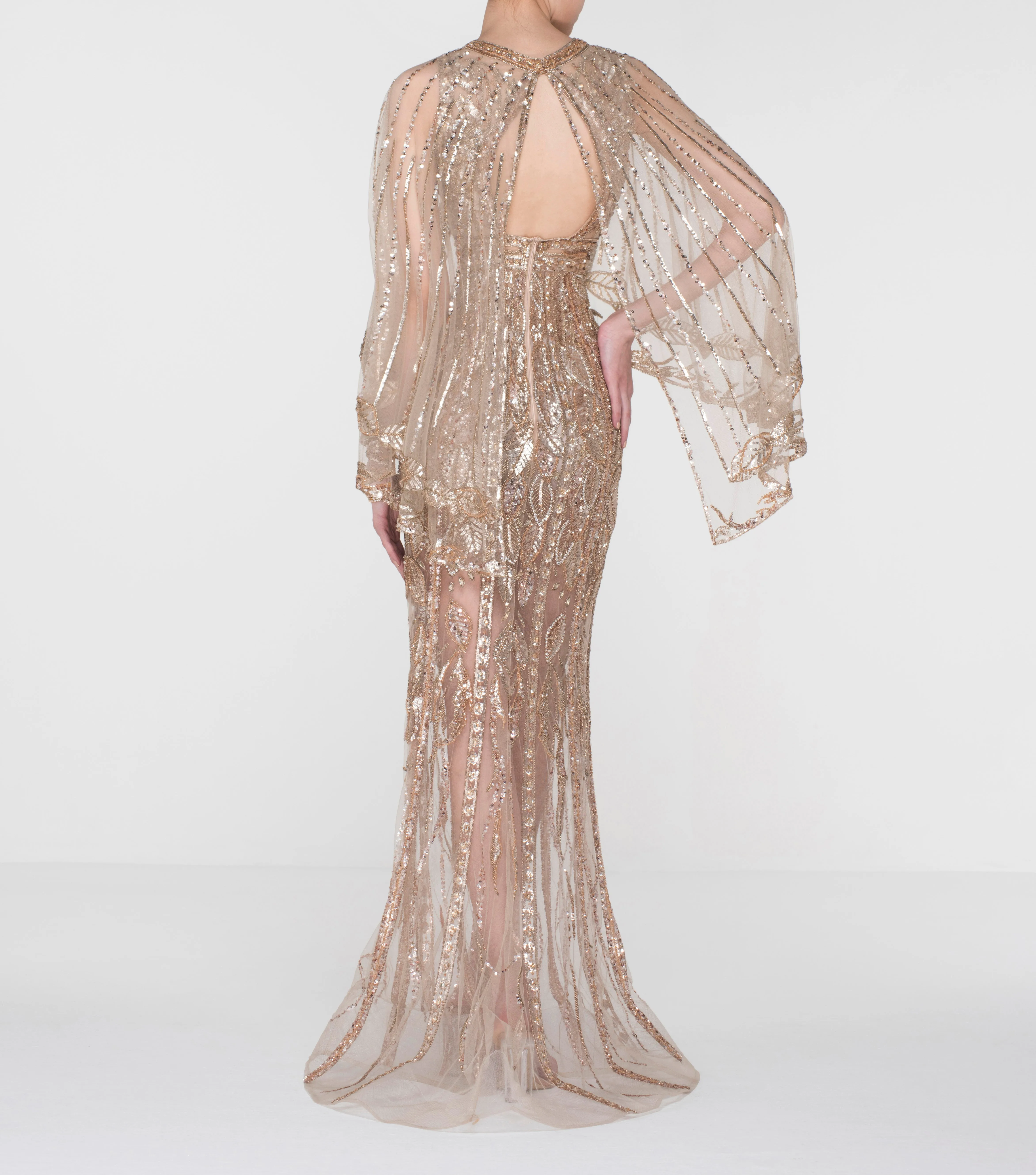 Rose Gold Foliage Embroidered Dress with Delicate Double Cape