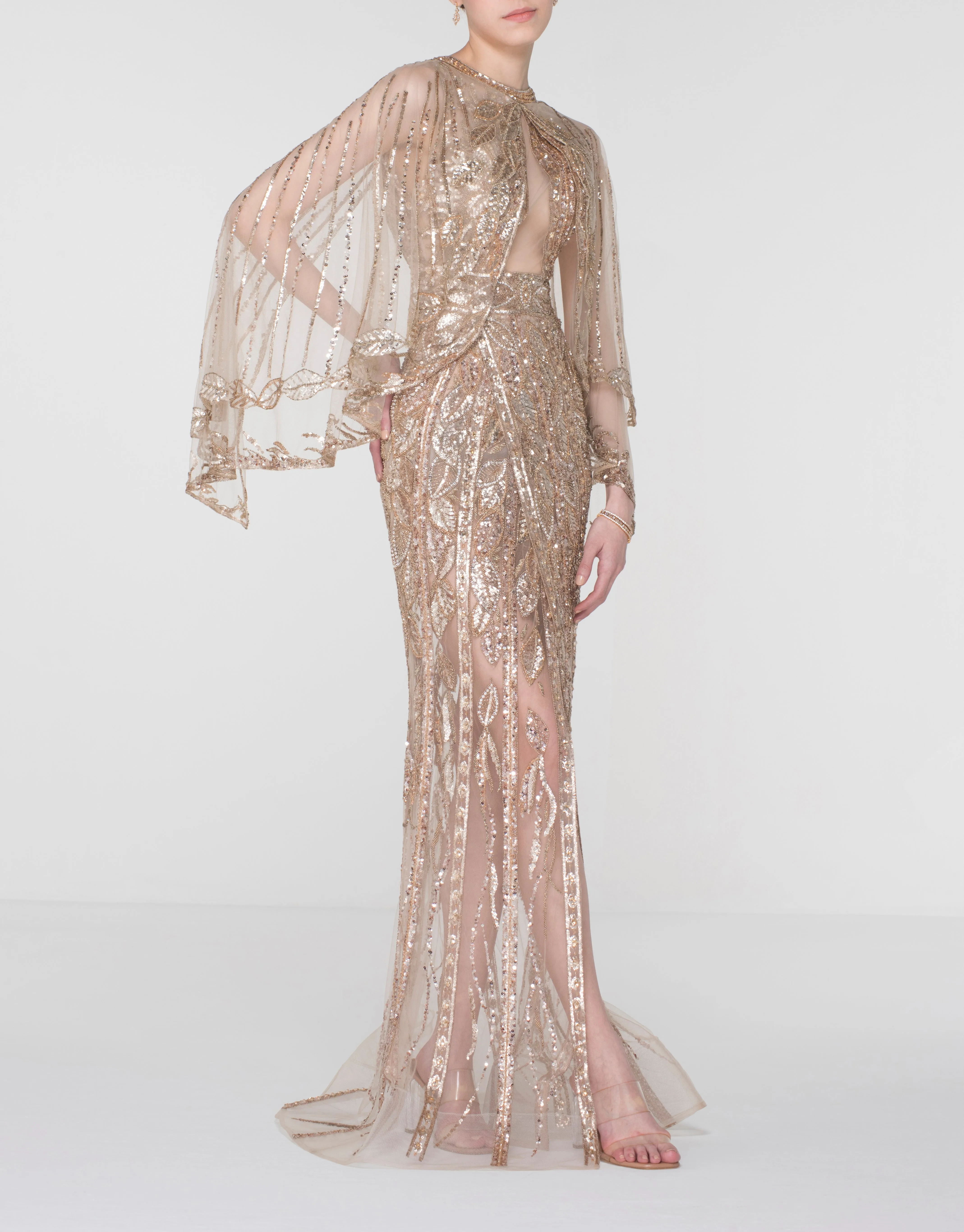 Rose Gold Foliage Embroidered Dress with Delicate Double Cape