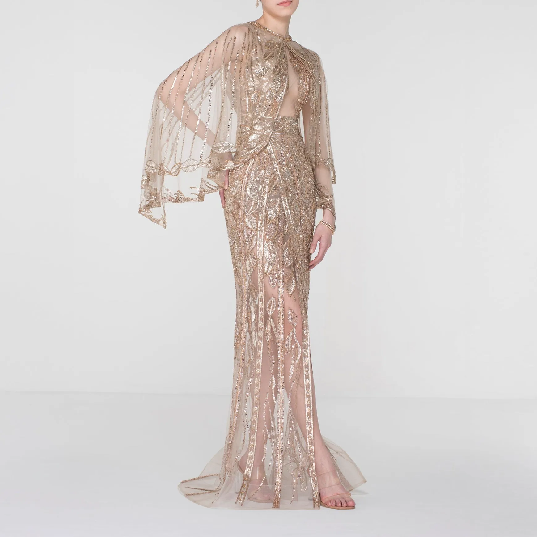 Rose Gold Foliage Embroidered Dress with Delicate Double Cape