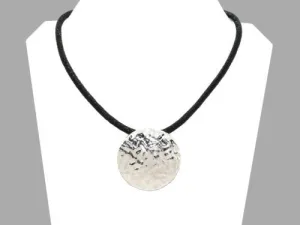 Simon Sebbag Round Hammered Sterling Silver Disc Textured Black Leather Necklace
