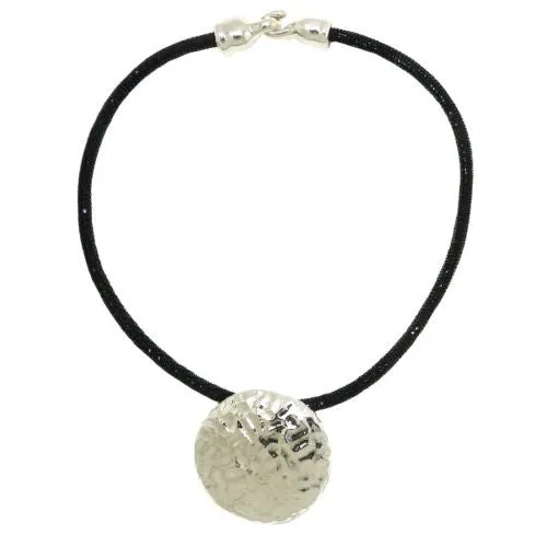 Simon Sebbag Round Hammered Sterling Silver Disc Textured Black Leather Necklace