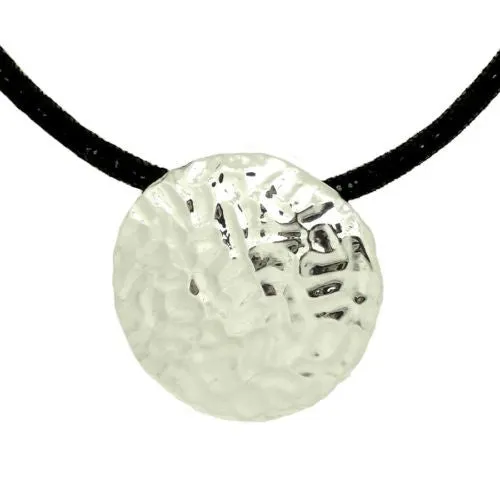 Simon Sebbag Round Hammered Sterling Silver Disc Textured Black Leather Necklace
