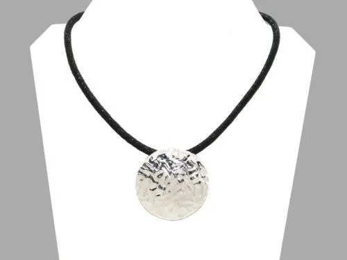 Simon Sebbag Round Hammered Sterling Silver Disc Textured Black Leather Necklace