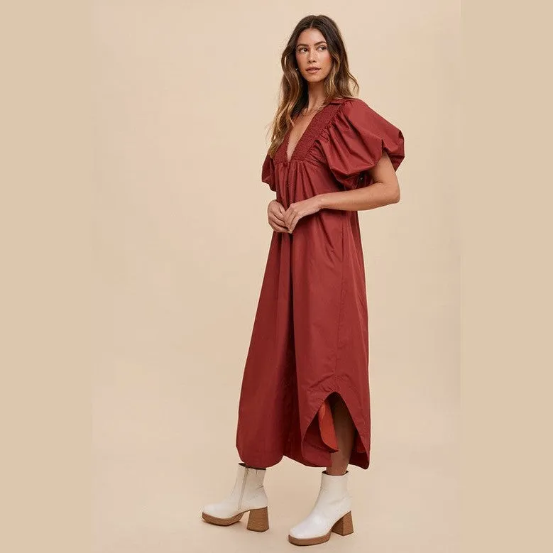 Smocked Puff Sleeve Midi Dress