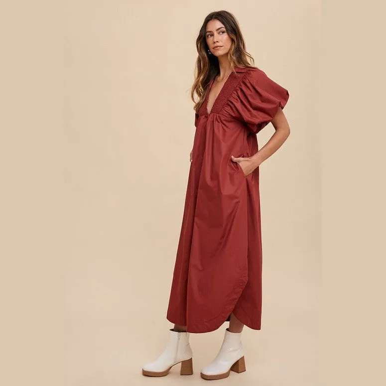 Smocked Puff Sleeve Midi Dress
