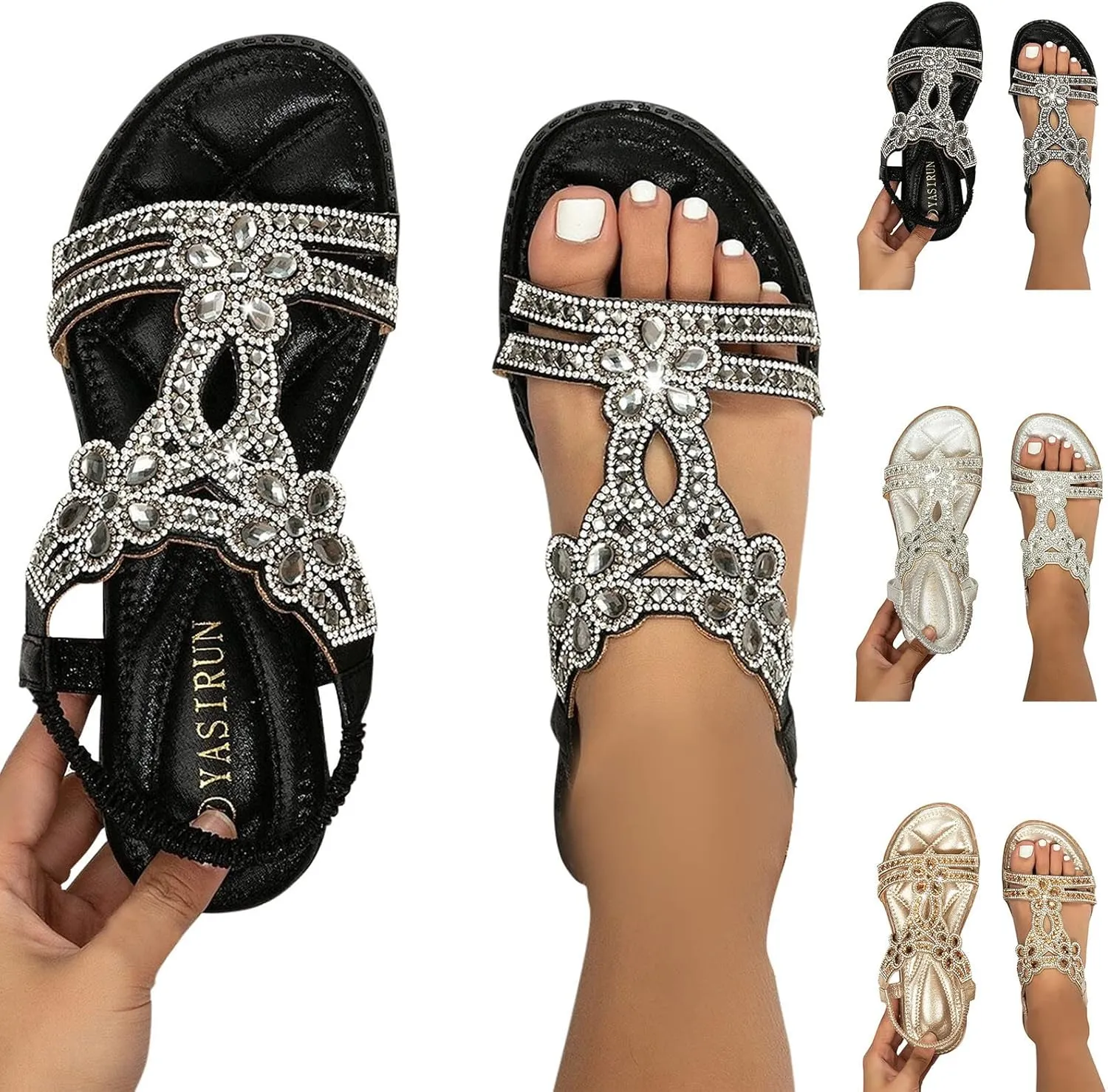 Summer Beach Sandals for Women 2025,Crystal Rhinestone Pearl Flat Sandals for Women Dressy Bling Sparkly Thong Sandals Comfortable T Strap Slip-On Shoes Casual Walking Sandals Strappy Sandals 