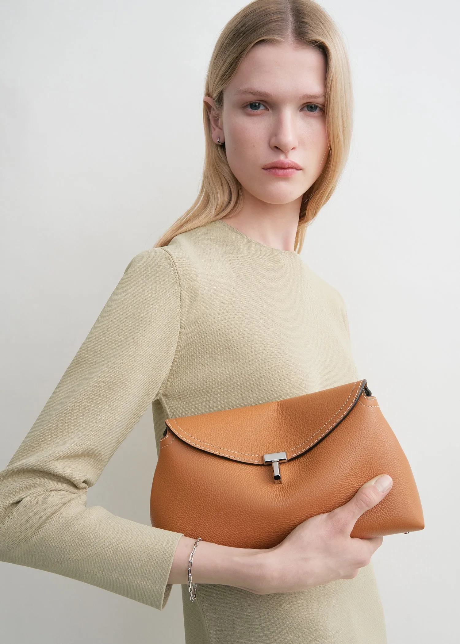 T-Lock grained-leather clutch tan