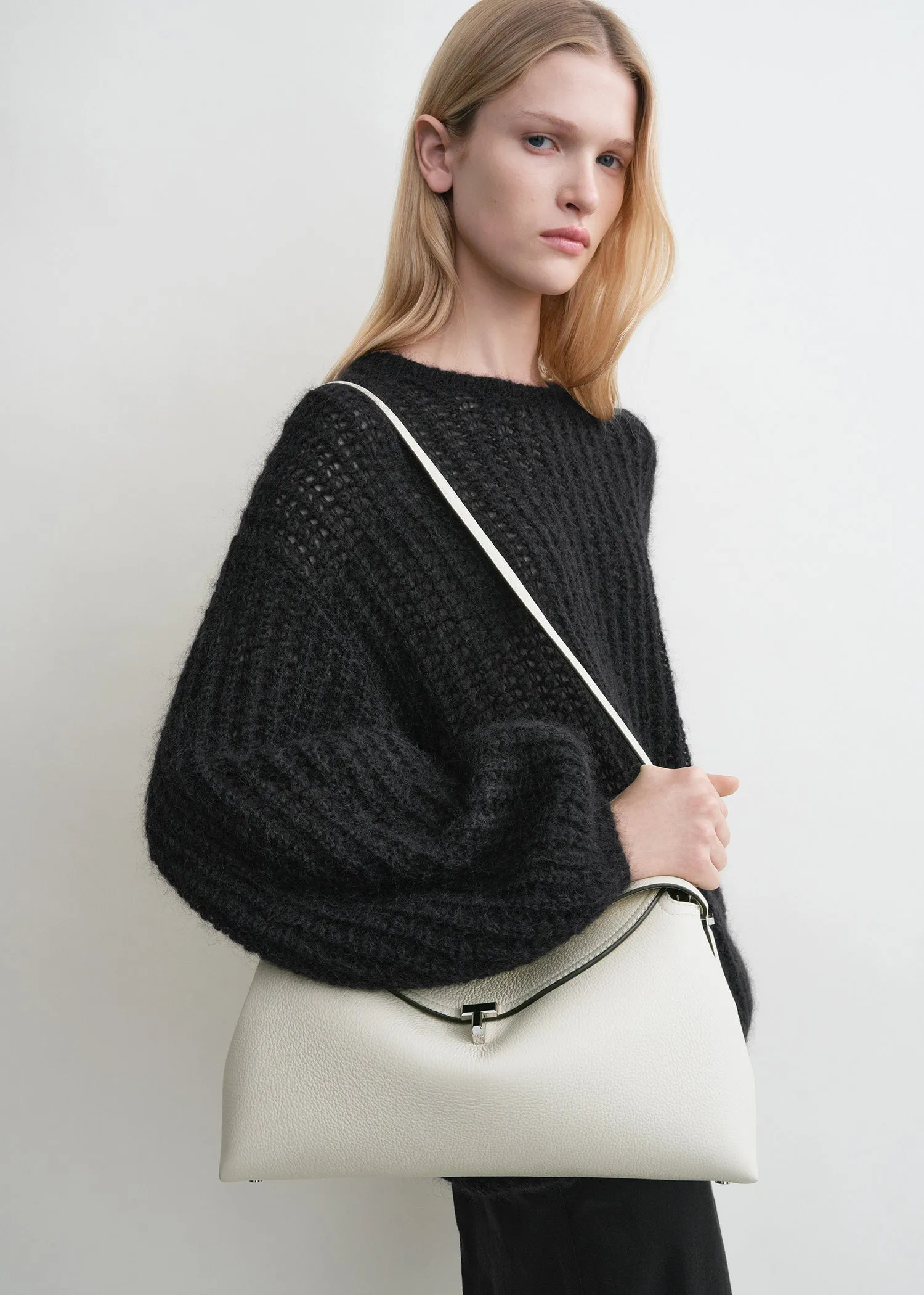 T-Lock grained-leather top handle milk