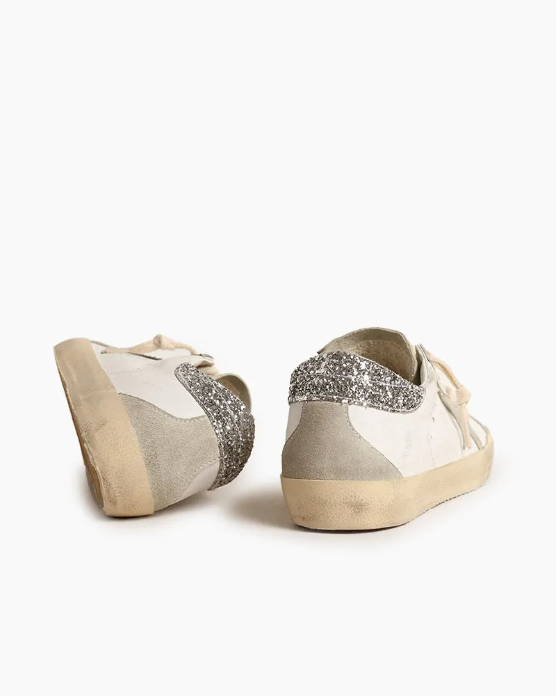 White Leather Sneakers with Gray Star and Silver Glitter Heel Tab