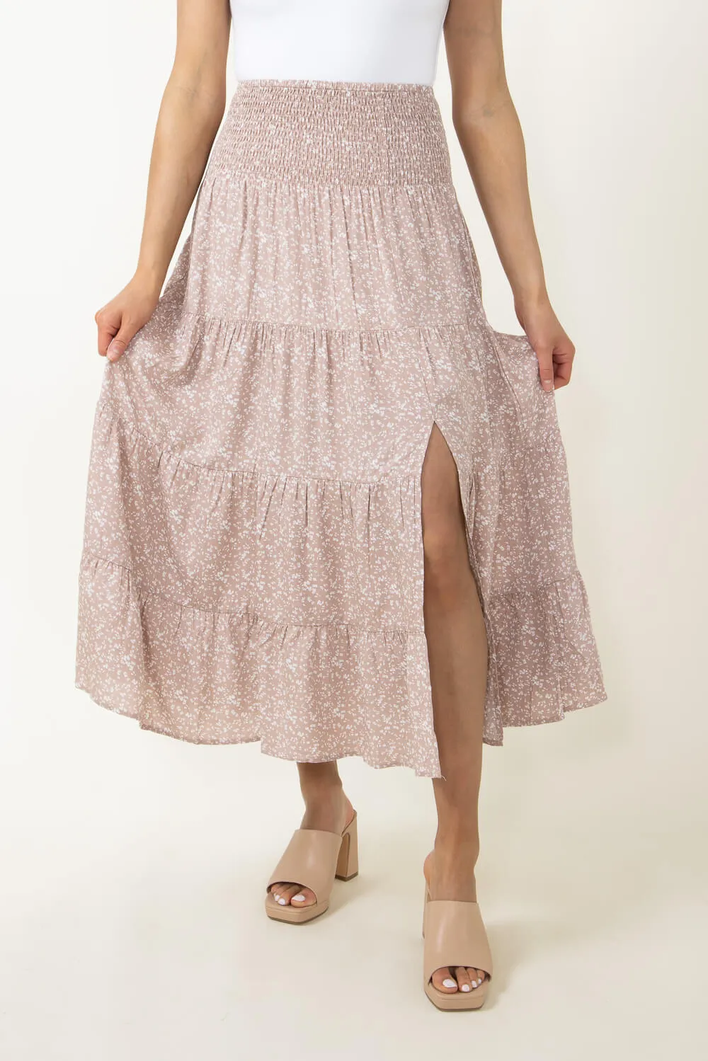 Wishlist Floral Midi Skirt with Side Slit for Women in Taupe | WL22-7471-TAUPE