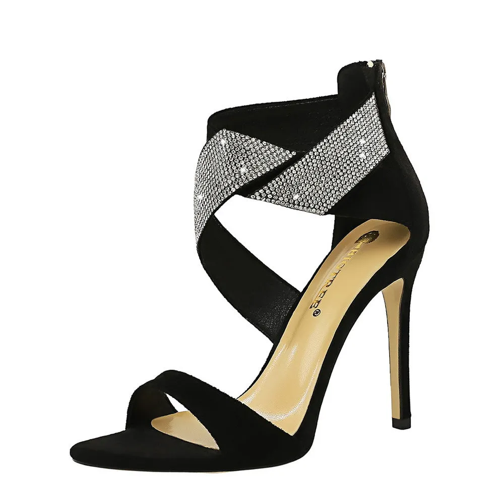 Women’s Suede High Heel Open Toe Stilettos with Rhinestones in 6 Colors